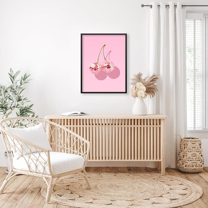 Funky Pink Cherry Poster Retro Disco Ball Canvas Wall Art 08x10 inch Black - Image 5