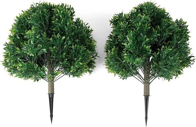 Premium 16" Diameter Artificial Japanese Boxwood Topiary – Set of 2 Faux Plants with Ground Spikes – UV-Resistant, Realistic Outdoor & Indoor Garden Décor – Weatherproof and Durable