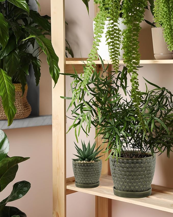 Plant Pots, Flower Pots, Planters for Indoor Plants(6.5+5.5inch), Flower Pots for Indoor Plants with Drainage Hole and Saucer, Ceramic Pots for Plants with Hole Mesh Pad,Reactive Glaze Green
