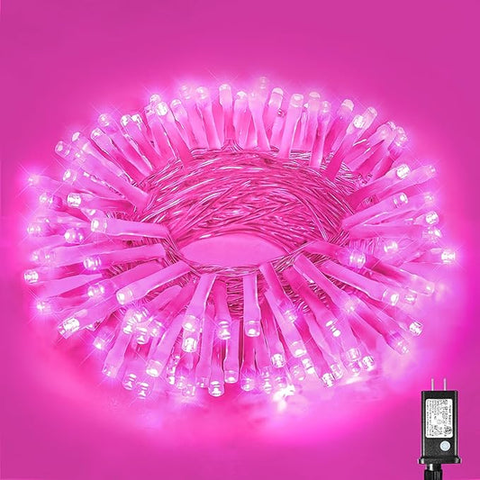 100 LED Pink String Lights, 33ft Pink Christmas Lights Outdoor 8 Modes Clear Wire, Plug in Waterproof Twinkle Fairy Lights for Bedroom Indoor Wedding Christmas Decorations