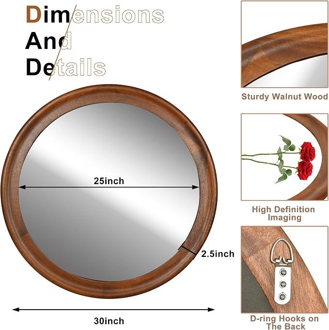 CULER Round Wall Mirrors 30 Inch, Wood Rustic Decorative Transitional Mirror - Image 3