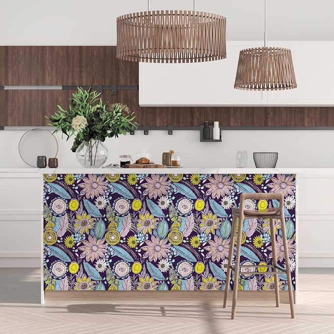 Purple Boho Wallpaper Peel and Stick, Vintage Yellow Floral Contact Paper - Image 3