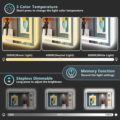 48x36 LED Bathroom Mirror with Lights, Backlit and Front Lit Anti-Fog Lighted - Image 4