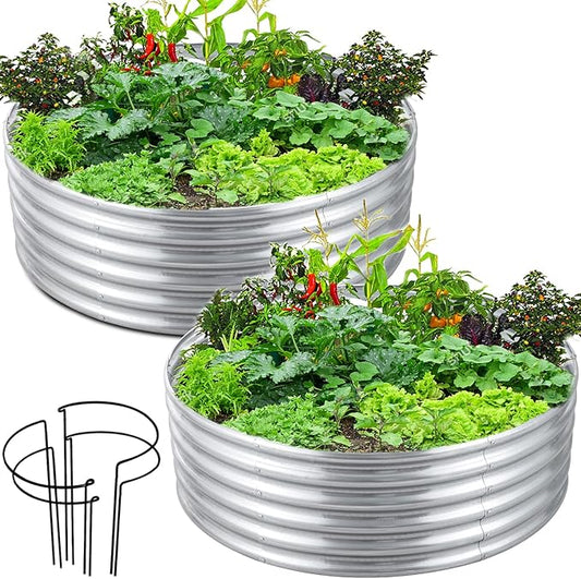 FORTUNO 2 Pack 3 Ft Round Galvanized Raised Garden Bed Box 36 Inches Metal Outdoor Flower Bed Steel Patio Ground Planter for Planting Vegetables and Herb, Silver