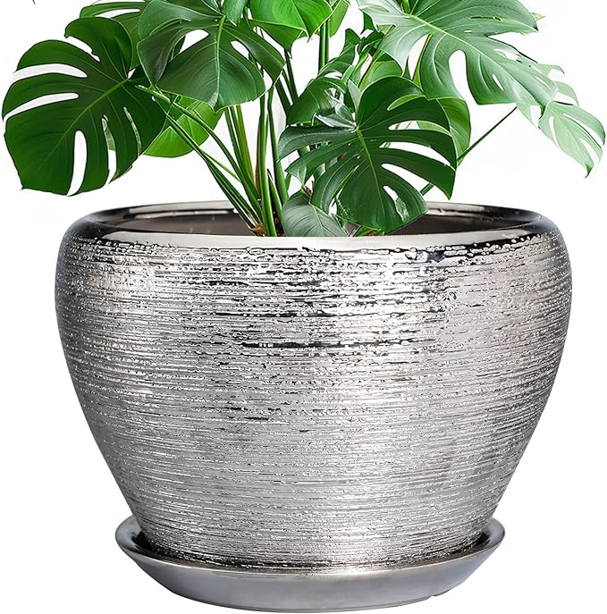 Flower Pot for Indoor Plants - Ceramic Planter 10 Inch Plant Pot with Drainage Hole and Saucer Large Decorative Planter Outdoor Mid-Century Planter for House Silver