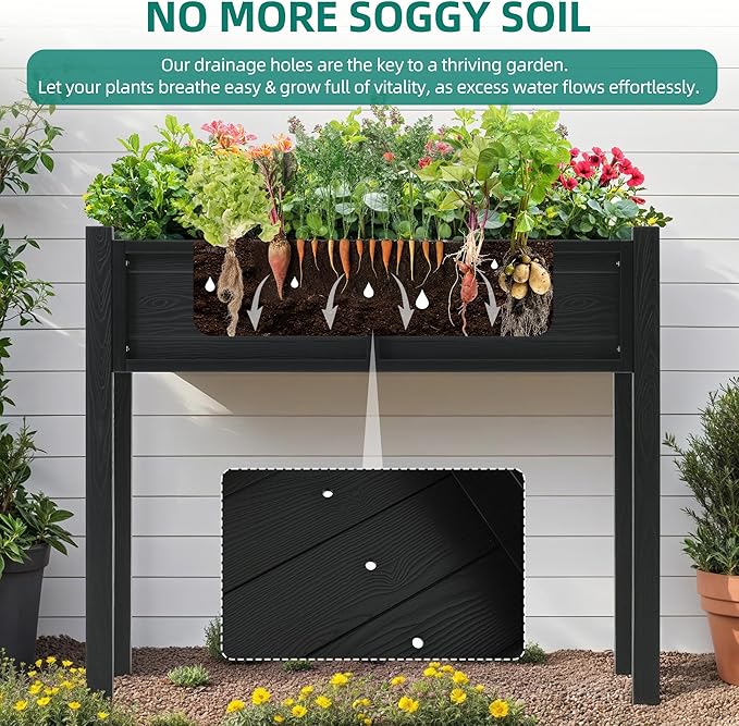 YITAHOME Raised Garden Bed, HIPS Poly Wood Elevated Planter Box with Legs and Drainage Hole, Small Flower Box Stand for Patio Balcony Garden Backyard, Black