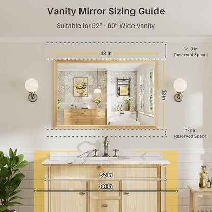 48x32 Inch Bathroom Mirror for Wall, Anti-Rust Oak Wood Grain Metal Framed - Image 2