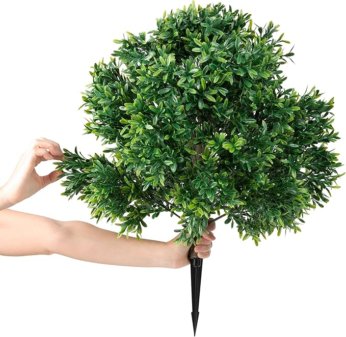 Premium 16" Diameter Artificial Japanese Boxwood Topiary – Set of 2 Faux Plants with Ground Spikes – UV-Resistant, Realistic Outdoor & Indoor Garden Décor – Weatherproof and Durable