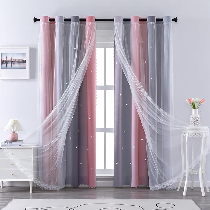 XiDi Curtains for Bedroom Decor, Rainbow Pink-Grey-34-96 - Image 2