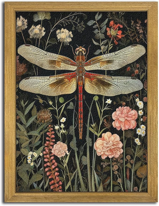 Framed Hand Drawn Sandstone Dragonfly Wall Art, Vintage 3D Textured Nature by Unknown