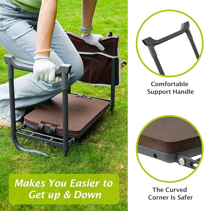 ikkle Garden Kneeler and Seat Gardening Stool Kneeler Folding Gardening Bench with Thicker Detachable Kneeling Pad and Tool Store Pouches (Brown)