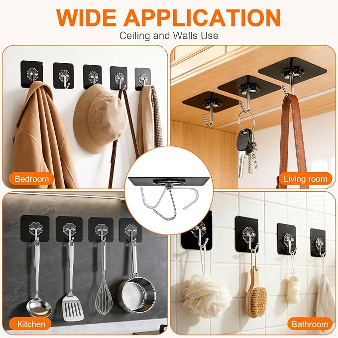 DDMY Black Heavy Duty Adhesive Hooks 2026 Upgraded 50lbs（Max） Sticky Wall Hooks - Image 2