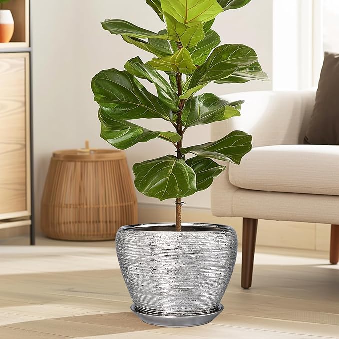 Pot for Plants 8 Inch - Ceramic Plant Pot Indoor with Drainage Hole and Saucer Decorative Planter for Indoor Plants Modern Round Flower Pot for Home Decor Silver