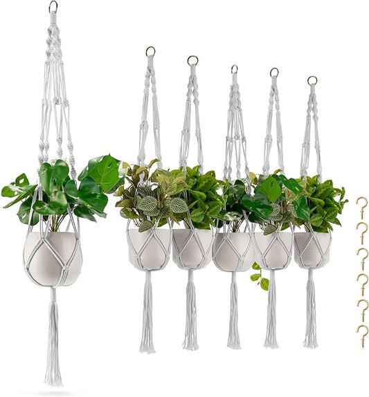 Sorbus Macrame Plant Hanger (6 Pack) Indoor Outdoor Hanging Plant Pots Cotton Rope, Elegant for Home, Patio, Garden (White)