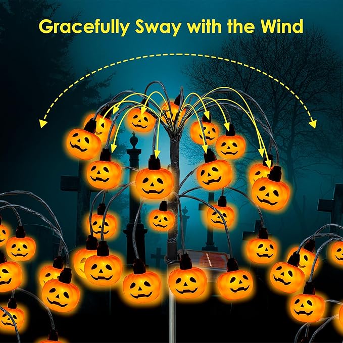Halloween Decorations, 2 Pack 40LED Solar Halloween Pumpkin Lights Outdoor Waterproof Halloween Solar Garden Lights Swaying Firefly Lights for Yard Garden Patio Party Decor Orange