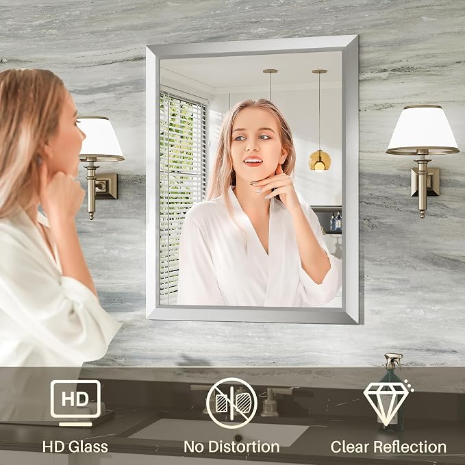 36x30 Inch Brushed Silver Bathroom Mirror - Image 5