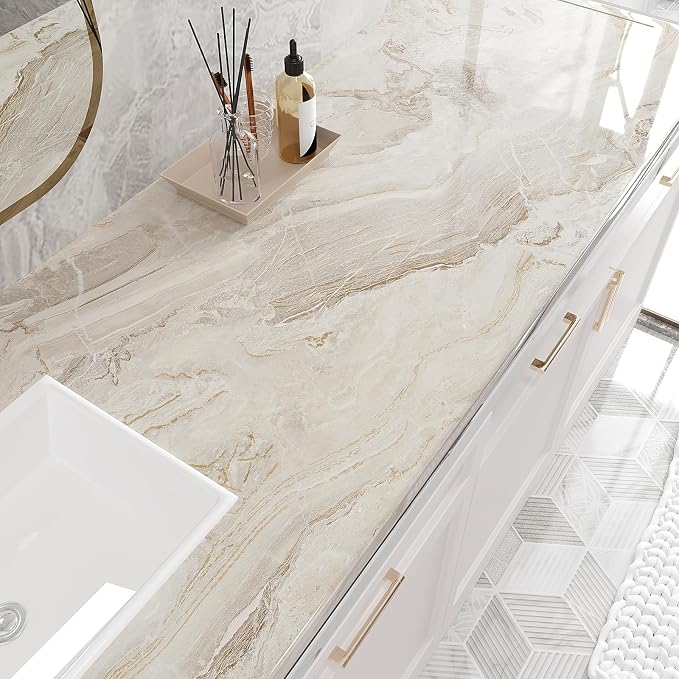 VEELIKE Glossy Beige Gold Liquid Marble Contact Paper - Image 2