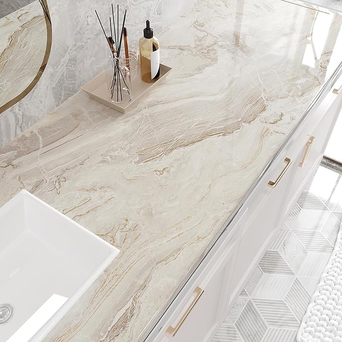VEELIKE 15.7''x118'' Beige Gold Liquid Marble Contact Paper - Image 3