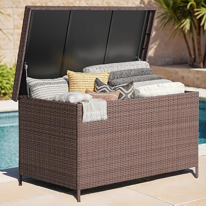 158 Gallon XL Deck Box with Lid, All Weather Wicker Outdoor Storage Box Waterproof, Large Outdoor Patio Storage Bin for Cushions, Garden Tools, Gears, Pool Accessories, Brown