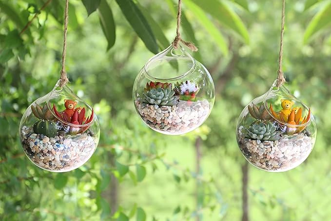 Ivolador Hanging Planter Glass Terrarium Container Air Plant Holder Succulents Globe Shape Home Garden Decor-4.7 Inches-3PCS