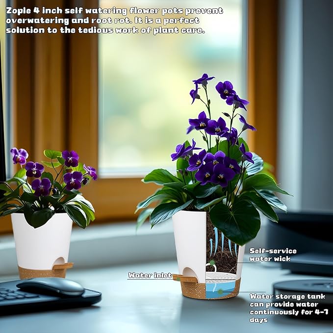 12 Pack 4 Inch Self Watering Plant Pots with Drainage and Saucers，Plastic Flower Pots for Indoor and Outdoor Plants, Nursery Planters for Houseplants and Herbs White Brown, 4 inch 12pcs