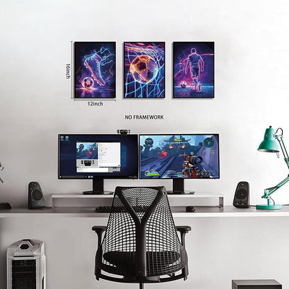 BGFCE Cool Soccer Gaming Wall Art Posters Set of 3, Neon Video Gamer Canvas - Image 3
