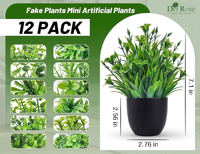 Der Rose Fake Plants 12 Pack Artificial Plants Small Faux Plants in Black Pot - Image 2