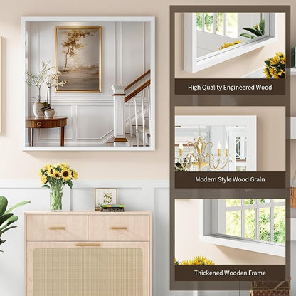 Syndra Square White Wood Frame Bathroom Mirror, Waterproof Slim Deep Frame - Image 3