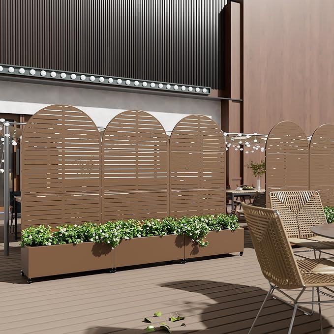 Casaphoria Metal Raised Garden Bed with Trellis and Wheels, 72"x35"x16" Arched Planter Box for Climbing Plants, Vegetables & Vines, Features Drainage Holes and Privacy Screen (Brown-Louvered)