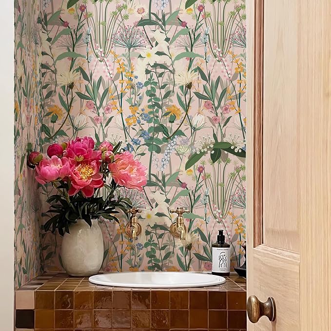 JiffDiff Floral Wallpaper Peel and Stick 17.3"x118" Pink Farm Wildwood Stick on - Image 5