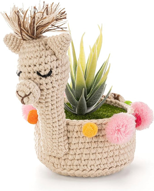 Crochet Llama Planter Holder, Outdoor and Indoor Hanging Planters, Desk and Wall Planter Holders for Home and Office, Plant Hanger Gift Idea for Animal Lovers, Crochet Llama 4-inch Diameter