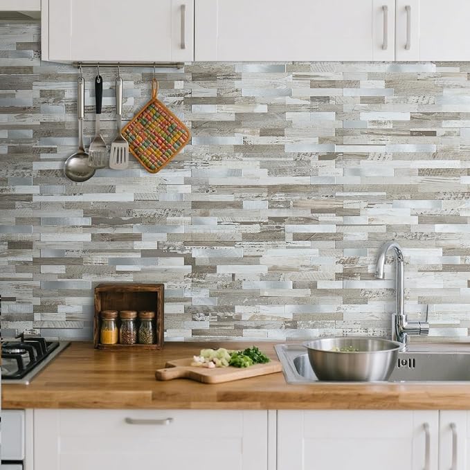 AULIGET Peel and Stick Backsplash, Coffee & Brown Wood Look PVC Mixed Metal - Image 2