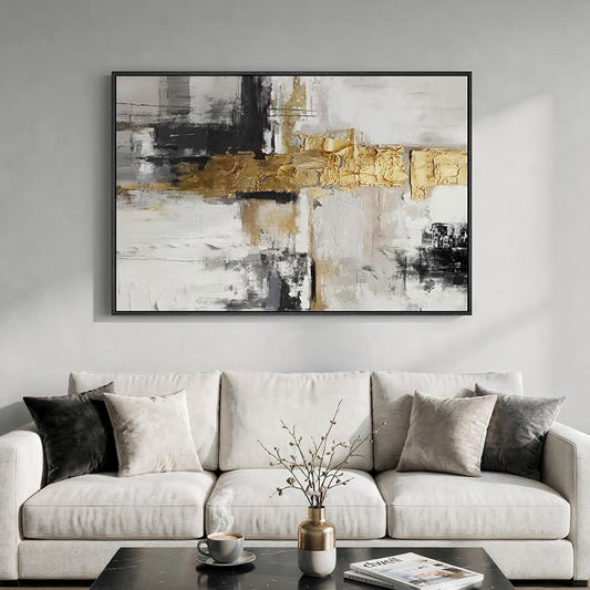 Extra Large Framed Black and White Gold Abstract Wall Art - Image 2