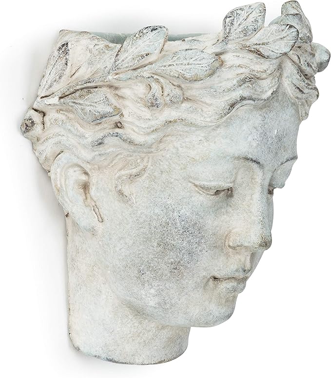 Abbott Collection Goddess Head Wall Planter - Large Cement Indoor and Outdoor Planter Pot - Grecian Woman Statue Head Planter for Flowers and Succulents (Grey, 3.5" Opening)