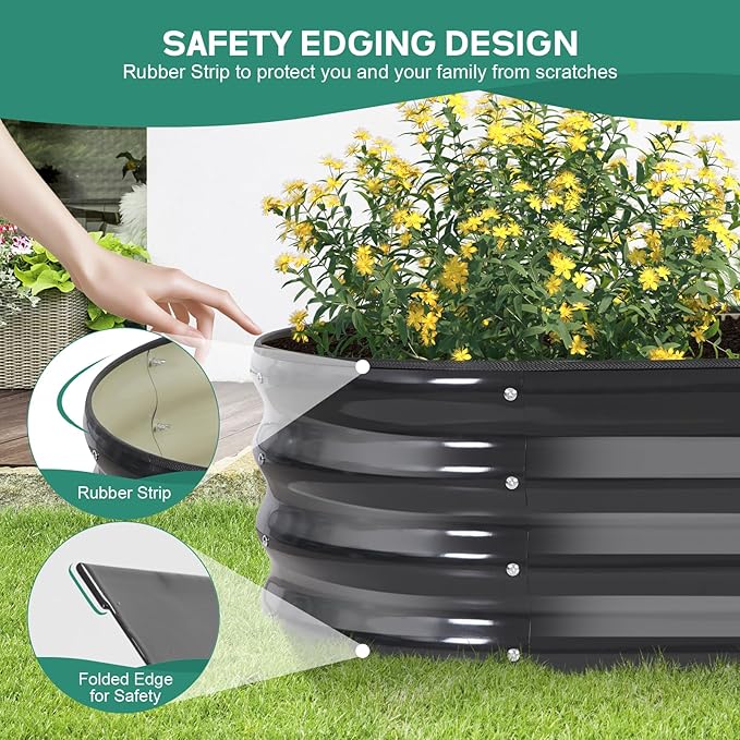 Galvanized Raised Garden Bed Outdoor - 4×2×1ft Planter Raised Beds for Gardening | Oval Metal Garden Planter Box with Safety Edging and Gloves for Vegetables Fruits and Flowers - Grey