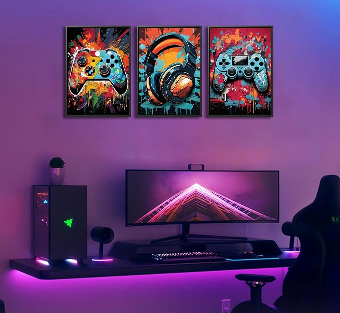 3Pcs Framed Cool Gaming Wall Art Retro Video Gamer watercolor Posters Pictures - Image 3