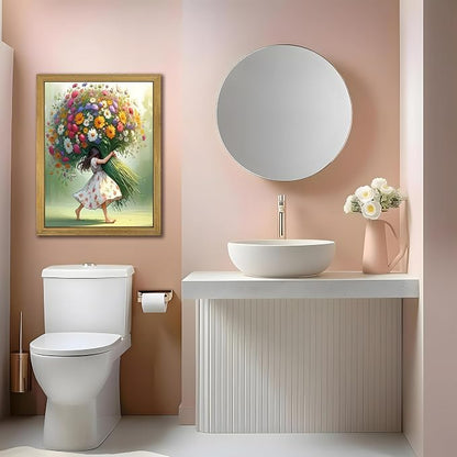 Wood Framed Pink Wildflower Canvas Wall Art, Girl Hugging Flowers Poster Prints - Image 5