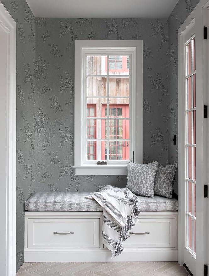 Erfoni 394"x17.7" Grey Floral Embossed Wallpaper - Image 7