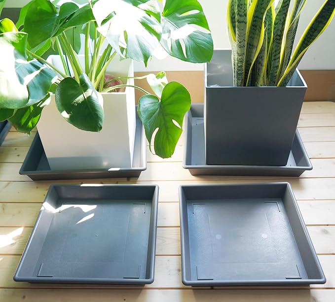 Square Plant Saucer 14 Inch 2 Pack，Plant Stand Plant Trays for Pots Heavy Duty Gray Plastic Plant Saucers for Indoors Outdoors, Flower Pot No Holes Plant Lover Gardening Gifts