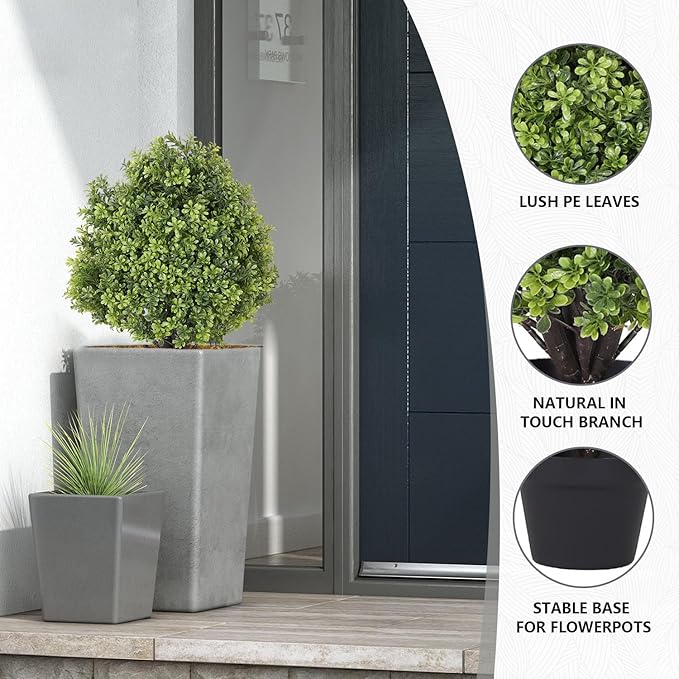 THE BLOOM TIMES 2ft Faux Boxwood Plants Outdoor Set of 2, Topiary Balls Artificial Outside Trees, 24" UV Resistant Fake Greenery Bushes & Shrubs for Front Porch Planter