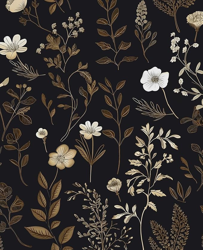 Dark Taupe Floral Peel and Stick Wallpaper, 17.5In x 197In Vintage Black Golden by VOLEAARWALLPAPER