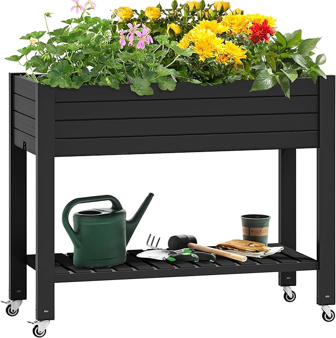 YITAHOME 3.6x1.5x2.8 FT Elevated Garden Bed Kit with Legs and Wheels, Outdoor Large Resin Planter Box Stand with Drain Plug and Storage Shelf for Plants Vegetables Fruits, Black