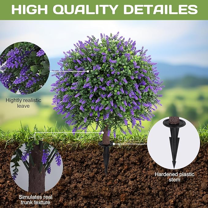 Artificial Lavender Topiary Ball Tree 25" with Ground Spike, Set of 2 Artificial Boxwood Bushes for Faux Shrubs, Fake Evergreen Faux Plant for Indoor Outdoor Porch Garden -UV Resistant–Fade-Proof