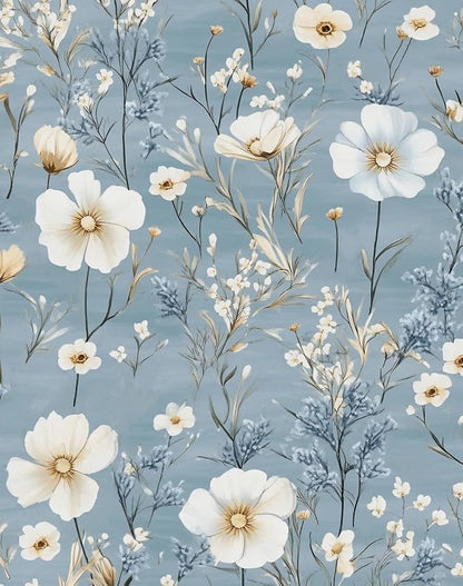 Laatse Blue Floral Peel and Stick Wallpaper White Botanical Contact Paper by Laatse