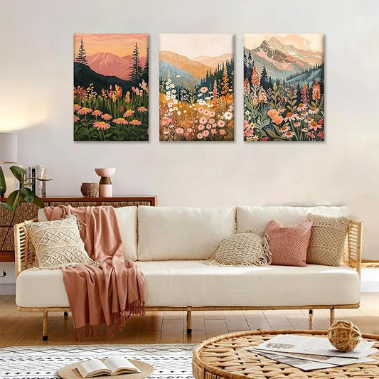 KBKBART Boho Colorful Landscape wall art Set of 3, Wildflower Mountain Wall - Image 2