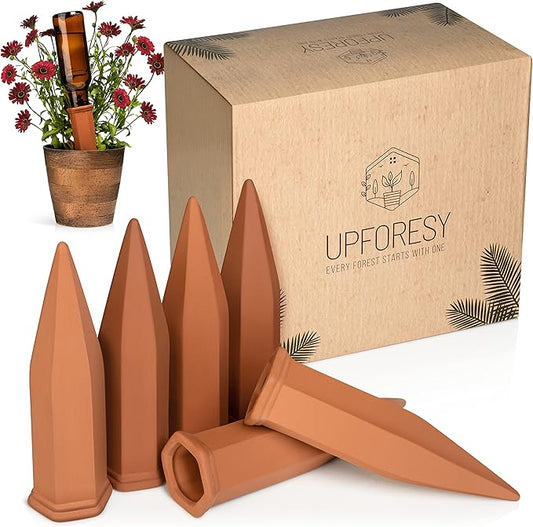 6 Pack Terracotta Watering Spikes for Indoor and Outdoor Plants - Simple and Easy Setup - Keep Plants Happy and Watered While You are Away