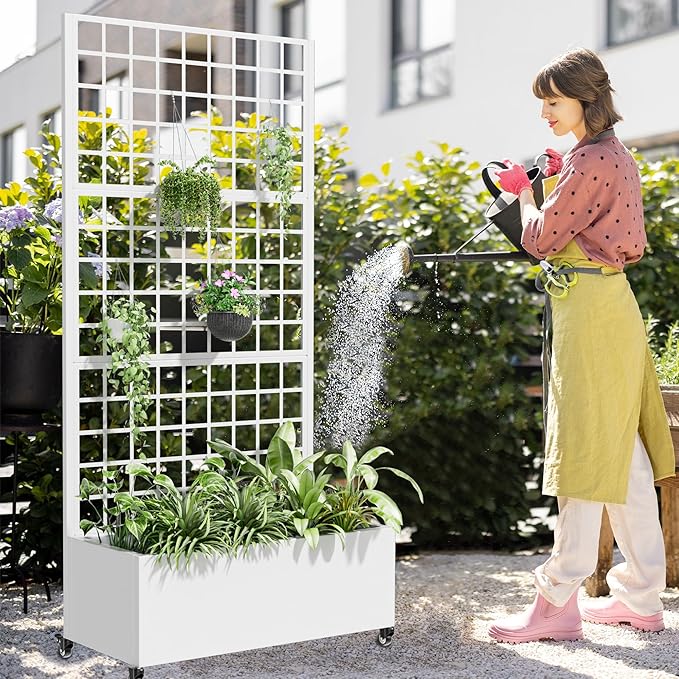 Casaphoria Metal Raised Garden Bed with Trellis and Wheels, 72"x35"x16" Planter Box for Climbing Plants, Vegetables & Vines, Features Drainage Holes and Privacy Screen (White-Square)