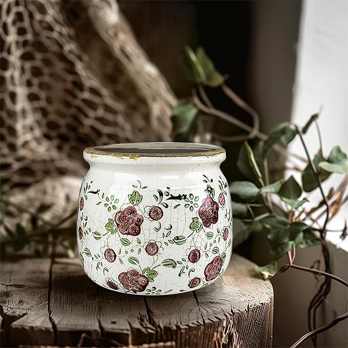 Vintage Red Ceramic Ice Crack Flower Pot with Drainage Holes, Country Rustic Planters for Indoor and Outdoor,Tuscan Decor,Home,Living Room, Garden Decor, Gardening Gift