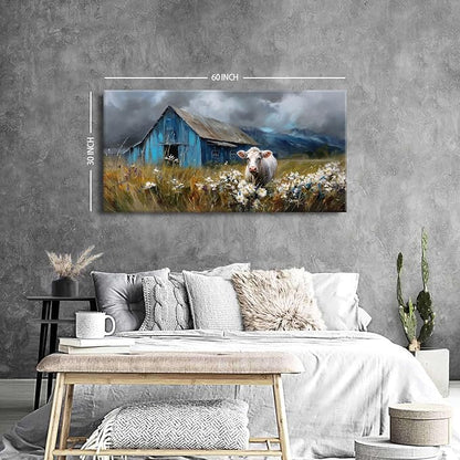 Rustic Farmhouse Wall Art Cow and Blue Barn Canvas Pictures Country Landscape - Image 4