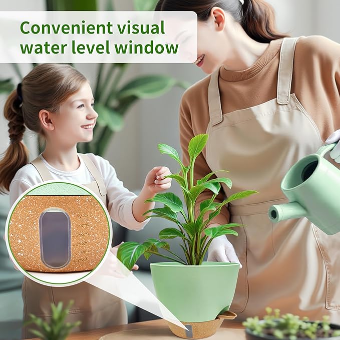 12/10/9/8 inch Self Watering Pots with Visual Water Window, Extra Large Self Watering Plant Pot with Drainage Holes and Saucers, Green Flower Pots for Indoor Plants